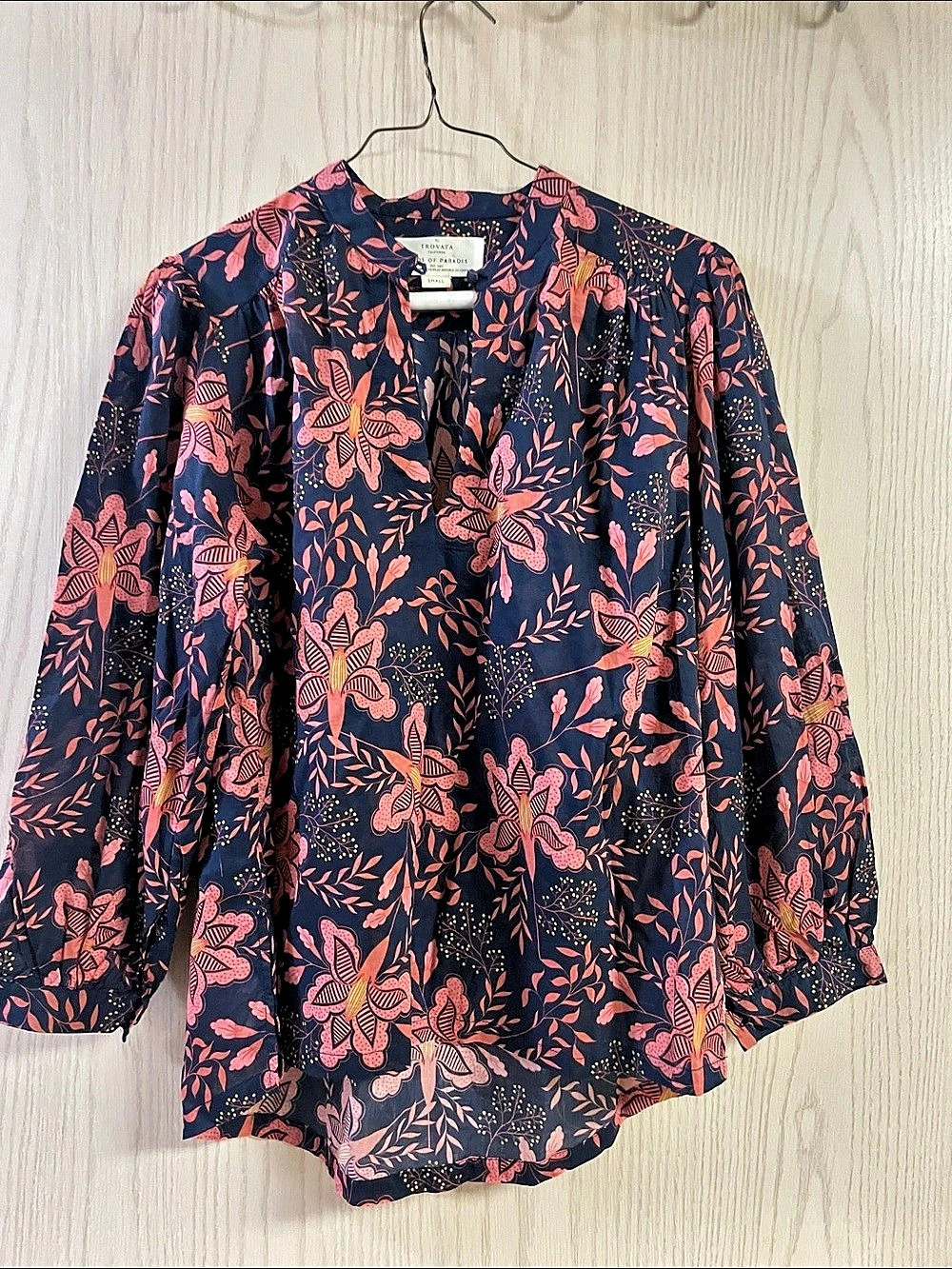 Tory Burch Birds of Paradise Floral Cotton Blouse in Blue & Pink Size Small Like